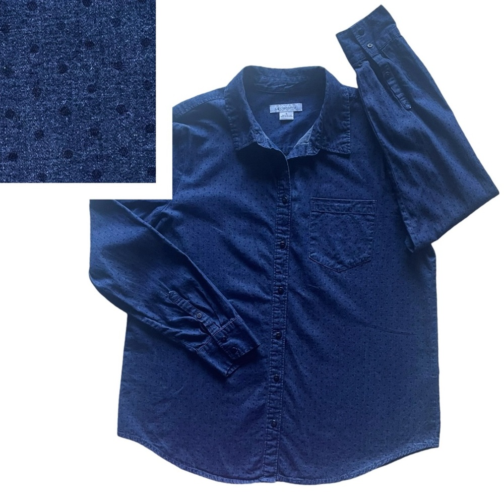 LIZ CLAIBORNE Navy Blue Cotton Blouse Shirt SZ L Casual Comfy Chambray Polka Dot - Picture 16 of 16